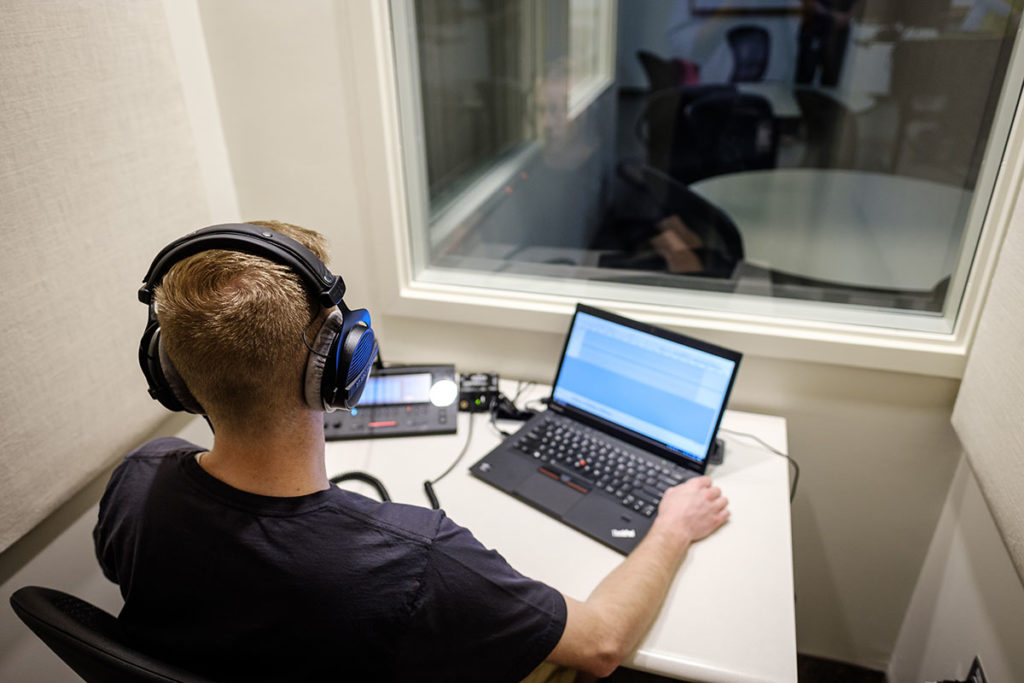 Wake Forest Spanish professor Ola Furmanek teaches her graduate program in translation and interpretation in the new lab space in Greene Hall on Thursday, April 19, 2018. The space features nine interpretation booths where students can record themselves translating an audio recording, and the professor can listen to the students live or recorded.