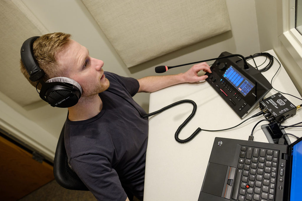 Wake Forest Spanish professor Ola Furmanek teaches her graduate program in translation and interpretation in the new lab space in Greene Hall on Thursday, April 19, 2018. The space features nine interpretation booths where students can record themselves translating an audio recording, and the professor can listen to the students live or recorded.